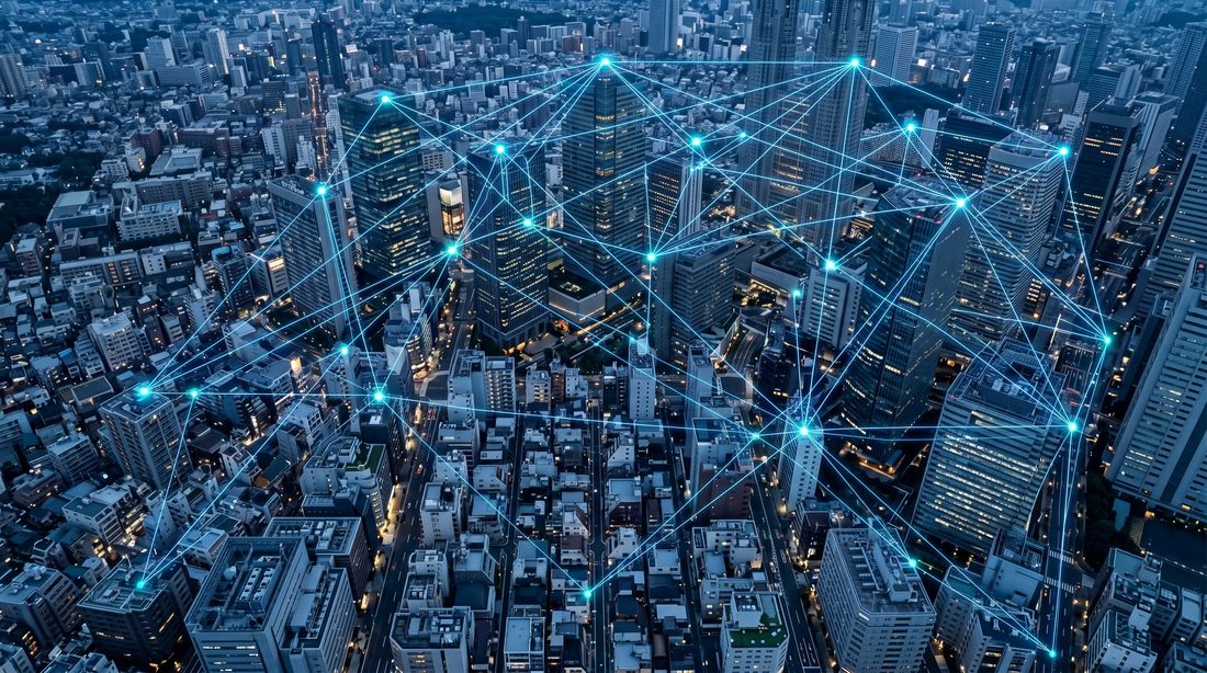 City skyline at night connected by a network of data points