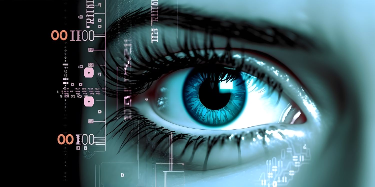 Close-up of an eye overlaid with digital circuitry